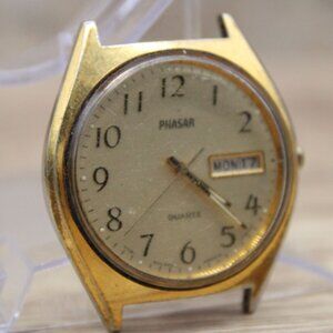 Vintage Phasar Watch Face Gold Tone Stainless Steel Classic Quartz Date 90s